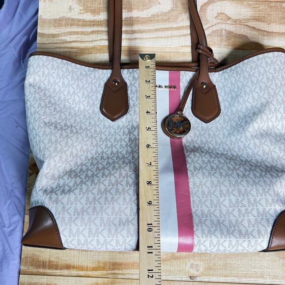 Michael Kors Eva Large Tote White/Ivory Pink Stripe Coated Canvas Purse Bag - Picture 12 of 13